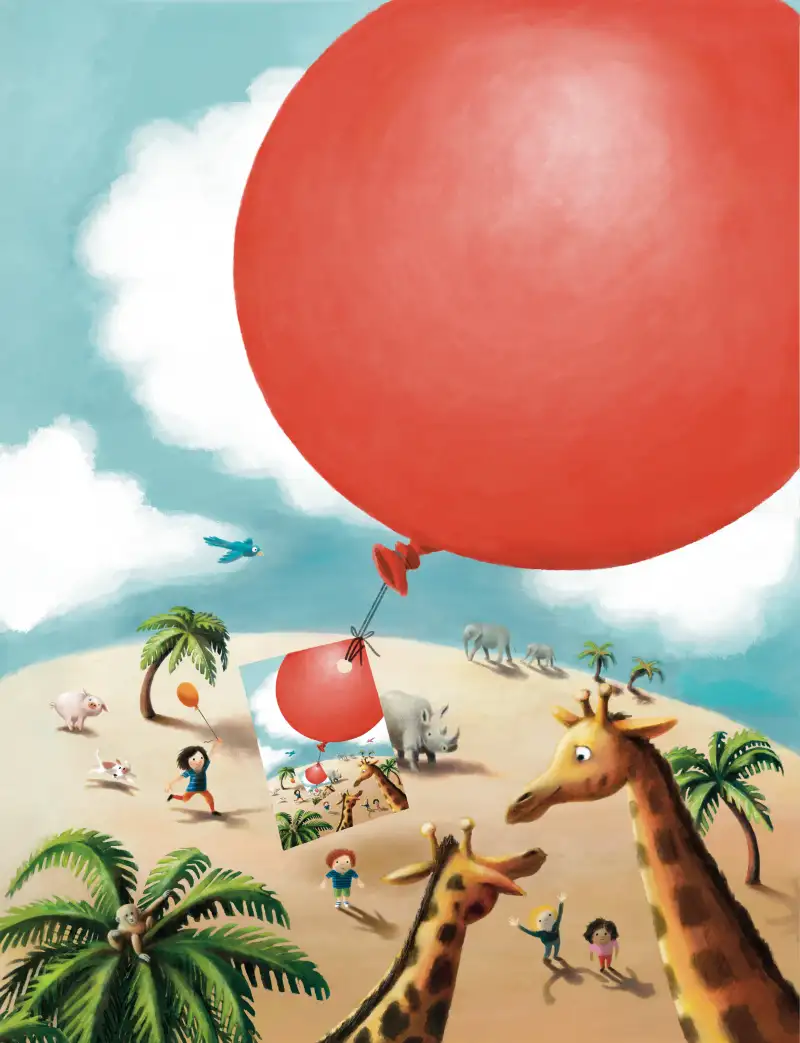 Ein roter Luftballon schwebt über eine Steppenlandschaft über die Elefanten, Nashörner, Giraffen und Kinder laufen.