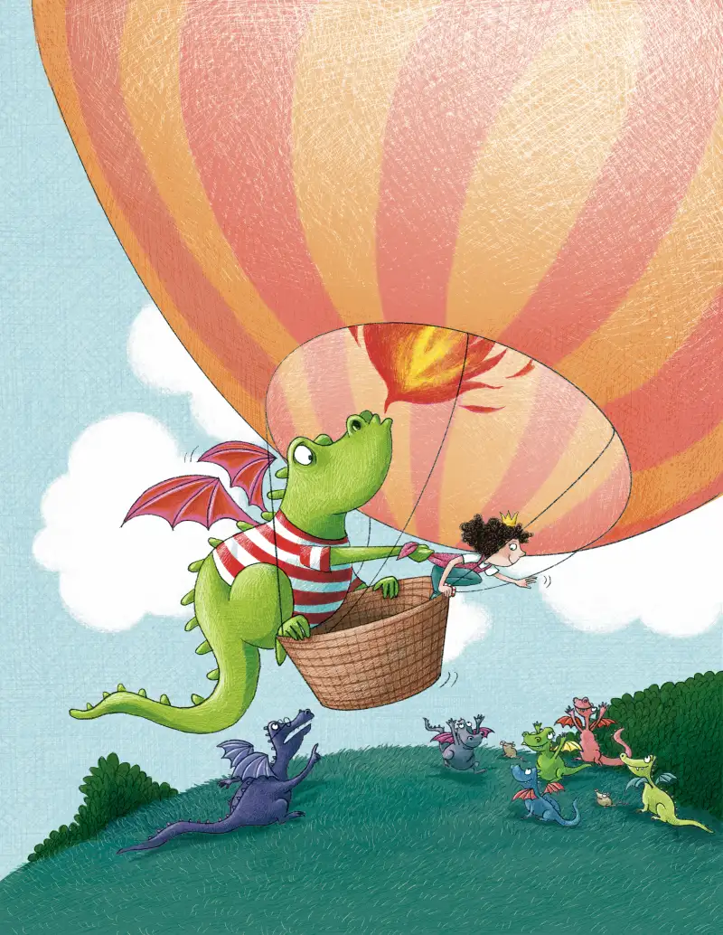 Kleine Prinzessin und kleiner Drache fahren im Heißluftballon und winken den anderen Drachen fröhlich zu.