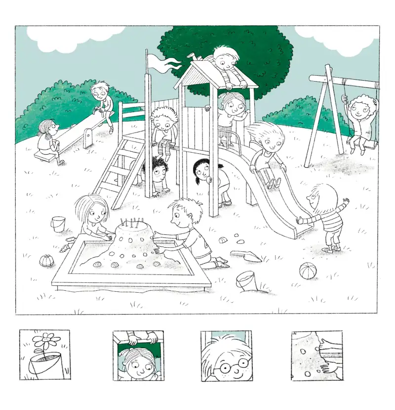 Kinder spielen auf einem Spielplatz mit Rutsche, Schaukel, Wippe und Sandkasten.
