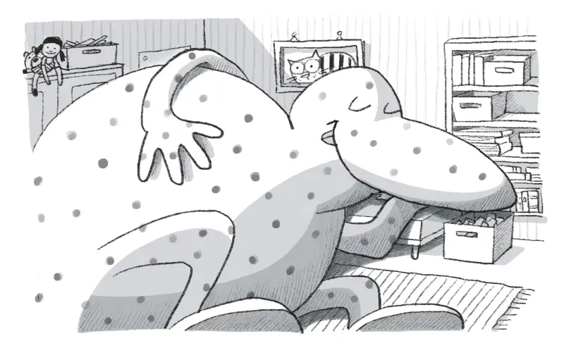 Ein Monster schläft im Kinderzimmer.